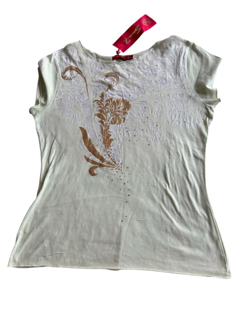 Seven 7 women's lime cap sleeve t-shirt gold floral rhinestone embellishment PL